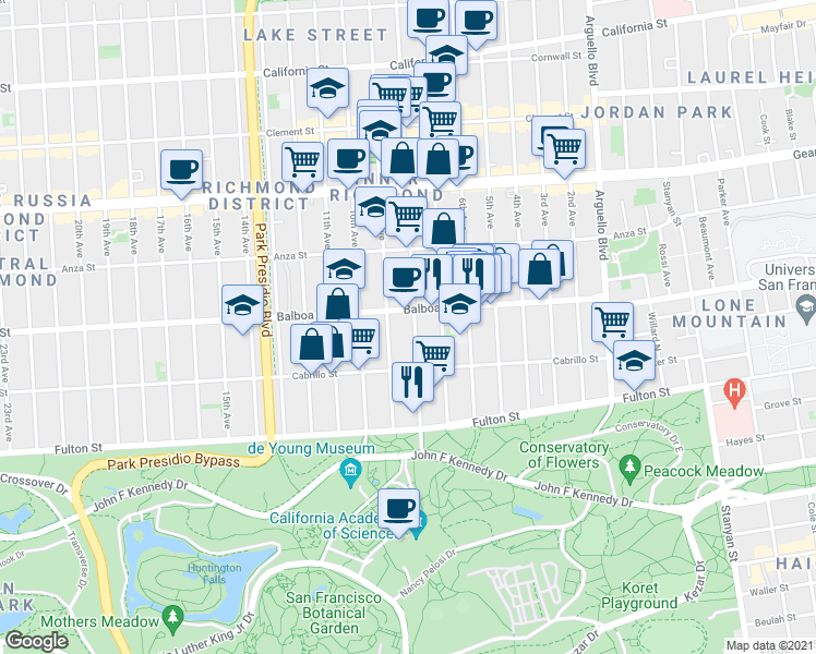 map of restaurants, bars, coffee shops, grocery stores, and more near 664a 8th Avenue in San Francisco