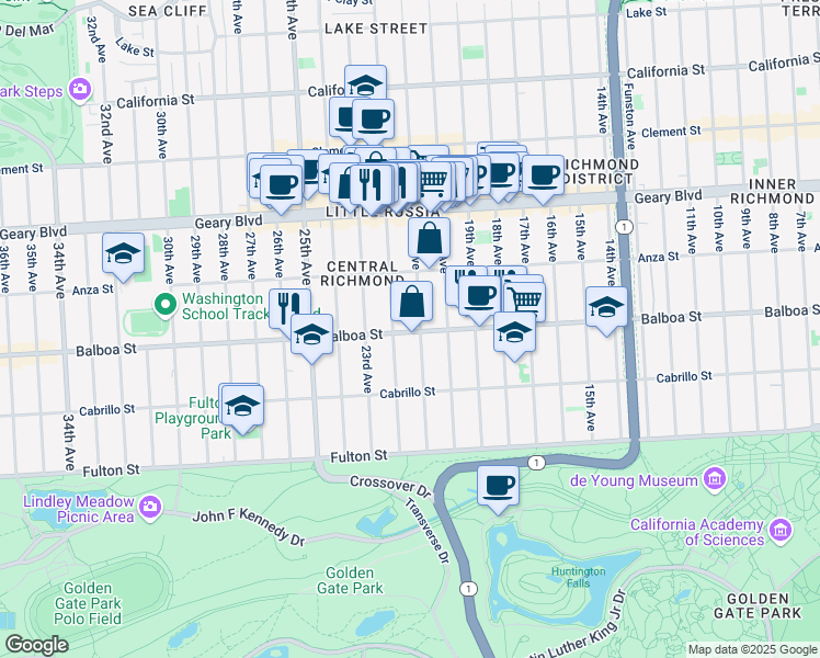 map of restaurants, bars, coffee shops, grocery stores, and more near 622 22nd Avenue in San Francisco