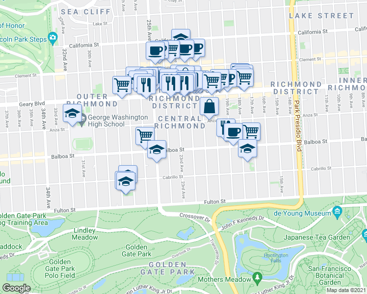 map of restaurants, bars, coffee shops, grocery stores, and more near 619 23rd Avenue in San Francisco