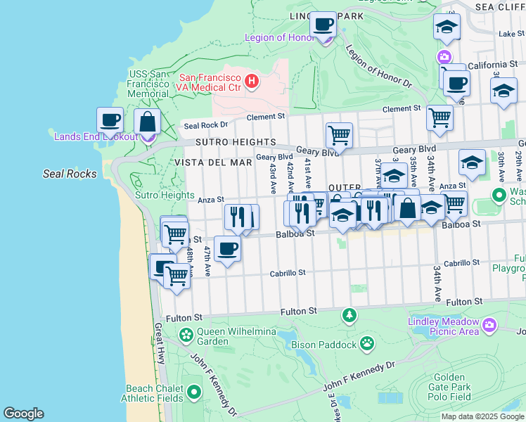 map of restaurants, bars, coffee shops, grocery stores, and more near 669 44th Avenue in San Francisco