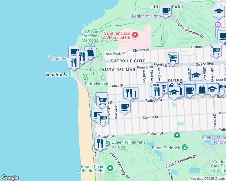 map of restaurants, bars, coffee shops, grocery stores, and more near 45 Sutro Heights Avenue in San Francisco