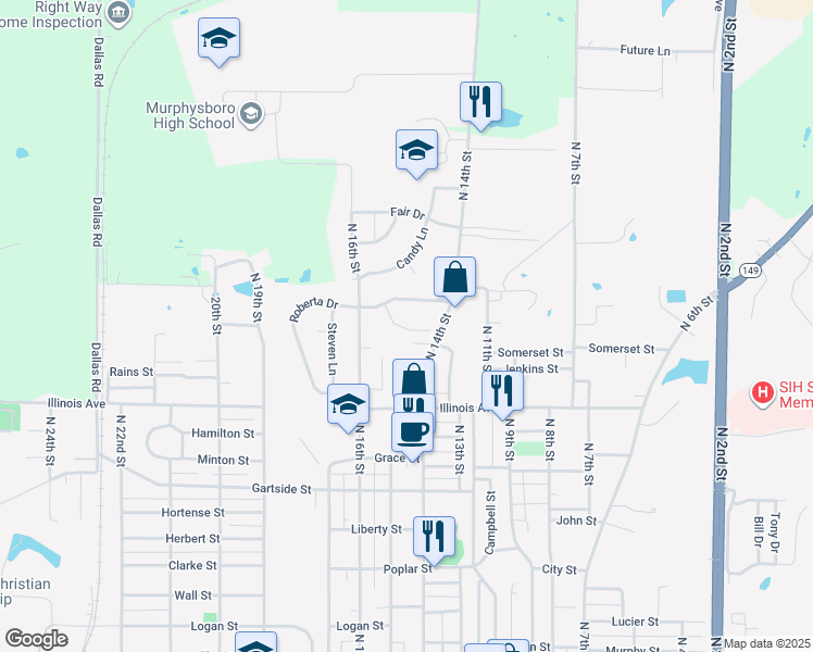 map of restaurants, bars, coffee shops, grocery stores, and more near 1105 B And J Circle in Murphysboro