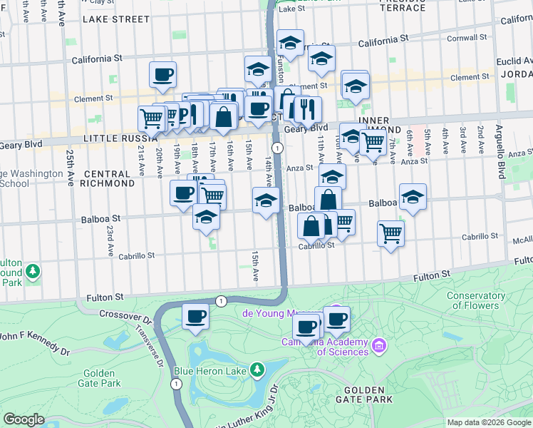 map of restaurants, bars, coffee shops, grocery stores, and more near 638 15th Avenue in San Francisco