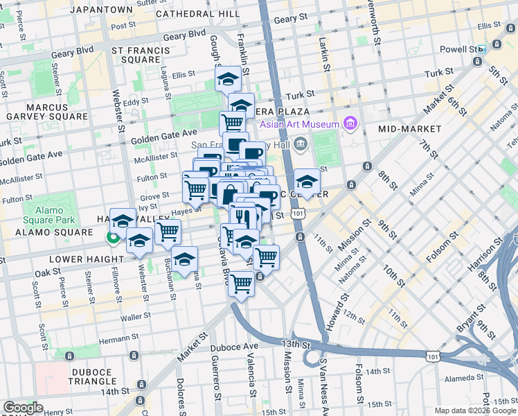 map of restaurants, bars, coffee shops, grocery stores, and more near 233 Franklin Street in San Francisco