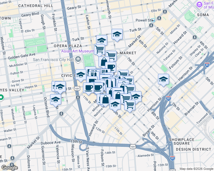 map of restaurants, bars, coffee shops, grocery stores, and more near 1321 Mission Street in San Francisco