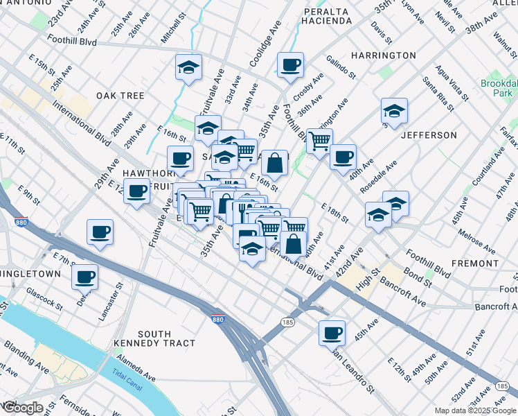 map of restaurants, bars, coffee shops, grocery stores, and more near 1501 37th Avenue in Oakland