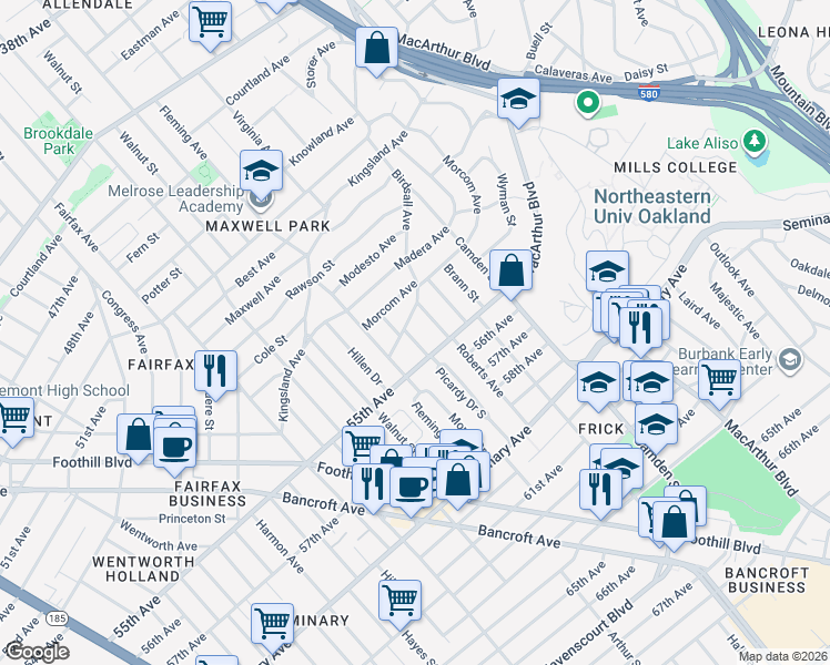 map of restaurants, bars, coffee shops, grocery stores, and more near 5414 Yuba Avenue in Oakland