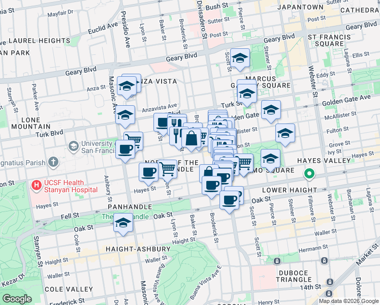 map of restaurants, bars, coffee shops, grocery stores, and more near 1470 Fulton Street in San Francisco