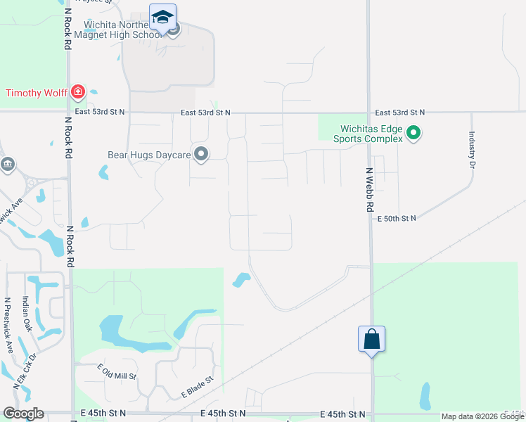 map of restaurants, bars, coffee shops, grocery stores, and more near 4969 North Tierra Lakes Parkway in Wichita