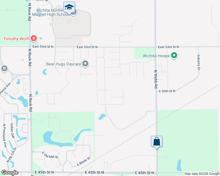 map of restaurants, bars, coffee shops, grocery stores, and more near 4969 North Tierra Lakes Parkway in Wichita