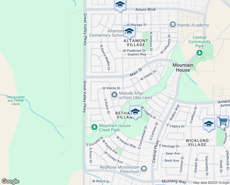 map of restaurants, bars, coffee shops, grocery stores, and more near 151 South Vista Hermosa Street in Mountain House