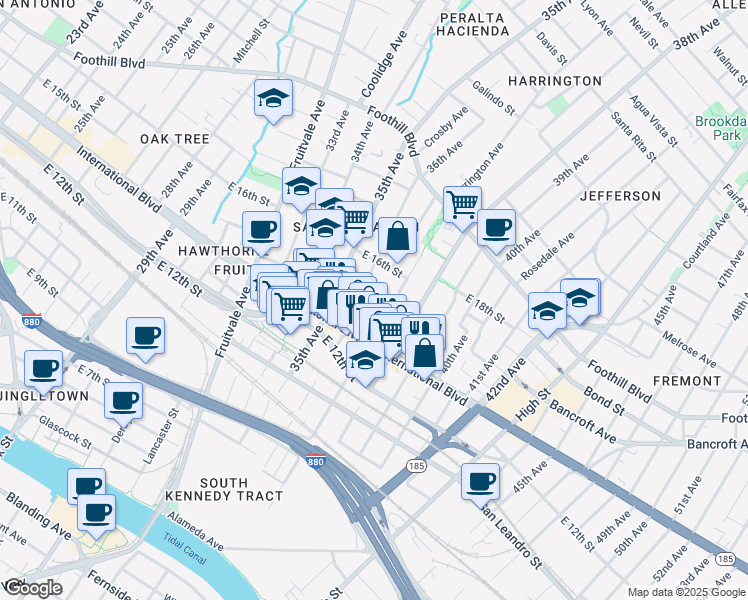 map of restaurants, bars, coffee shops, grocery stores, and more near 1501 37th Avenue in Oakland