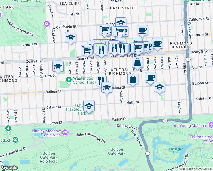 map of restaurants, bars, coffee shops, grocery stores, and more near 25th Avenue in San Francisco