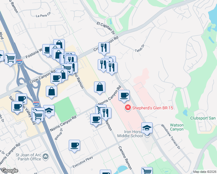 map of restaurants, bars, coffee shops, grocery stores, and more near 4708 Norris Canyon Road in San Ramon