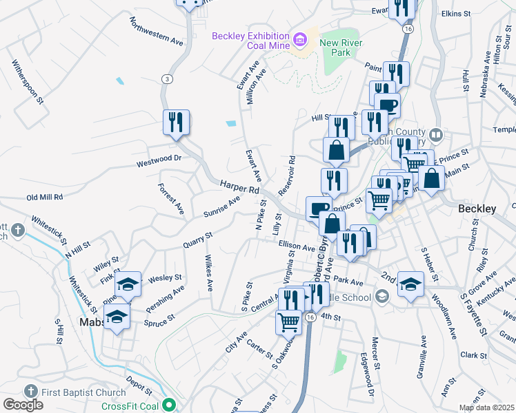 map of restaurants, bars, coffee shops, grocery stores, and more near 106 Quarry St in Beckley