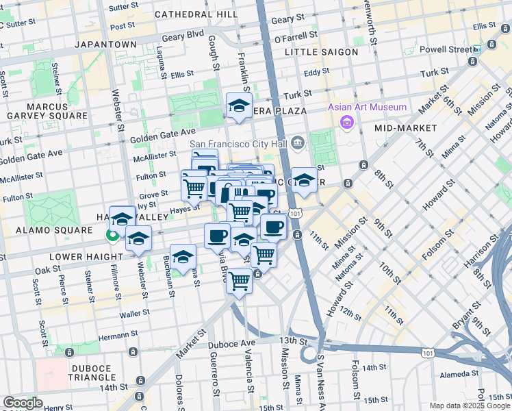 map of restaurants, bars, coffee shops, grocery stores, and more near 228 Linden Street in San Francisco