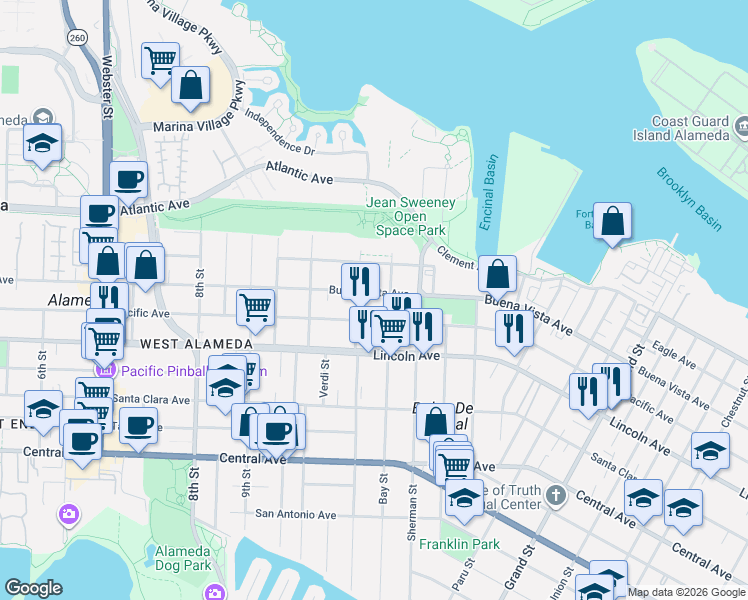 map of restaurants, bars, coffee shops, grocery stores, and more near 1135 Pacific Avenue in Alameda
