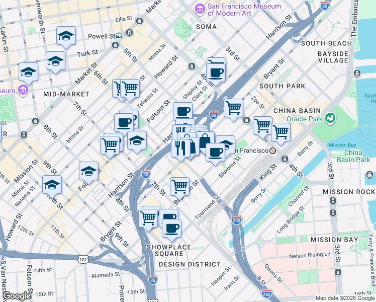 map of restaurants, bars, coffee shops, grocery stores, and more near 150 Morris Street in San Francisco