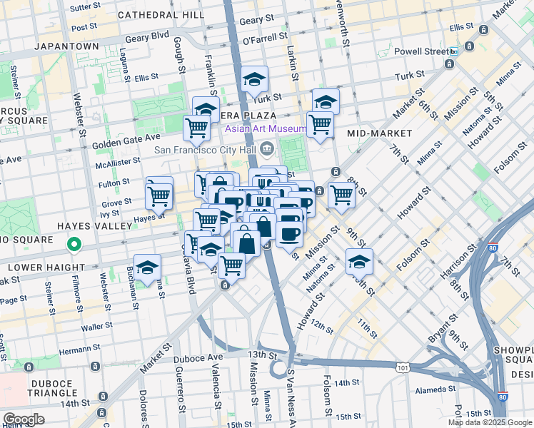 map of restaurants, bars, coffee shops, grocery stores, and more near 100 Van Ness Avenue in San Francisco