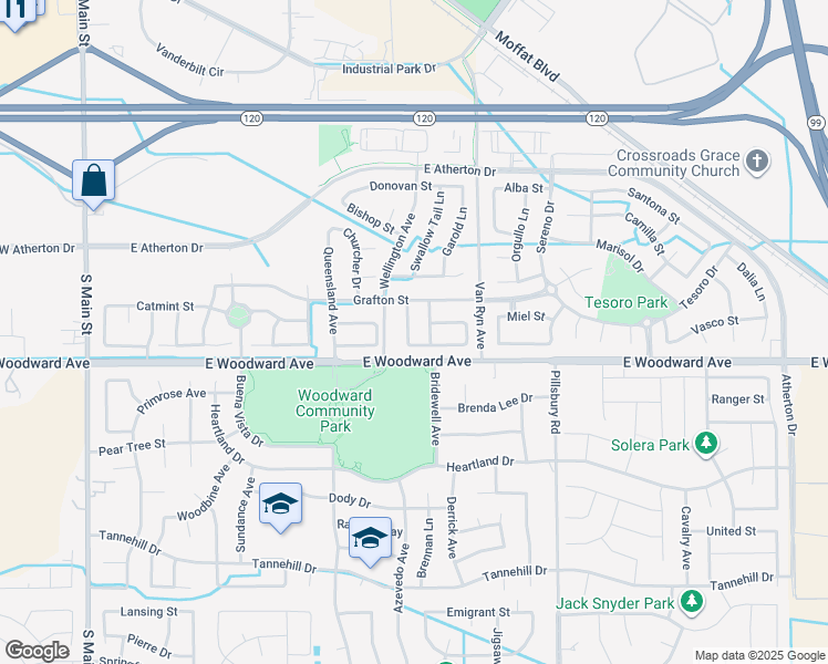 map of restaurants, bars, coffee shops, grocery stores, and more near 1752 Cook Lane in Manteca