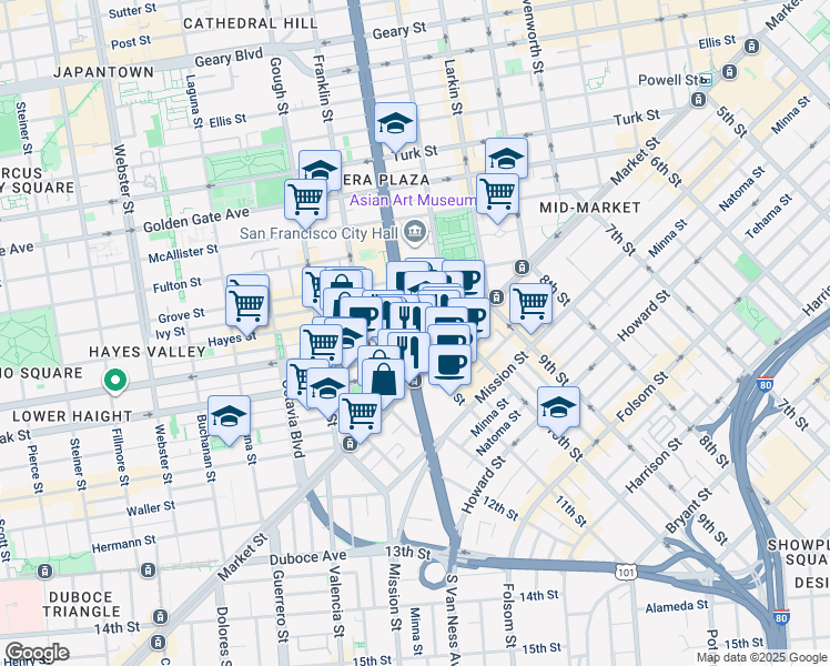 map of restaurants, bars, coffee shops, grocery stores, and more near 100 Van Ness Avenue in San Francisco