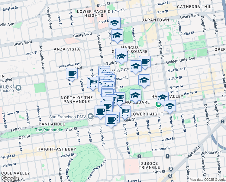 map of restaurants, bars, coffee shops, grocery stores, and more near 1280 Grove Street in San Francisco