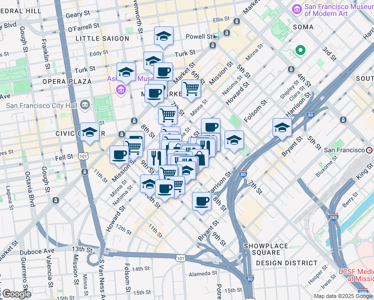 map of restaurants, bars, coffee shops, grocery stores, and more near 58 Sumner Street in San Francisco
