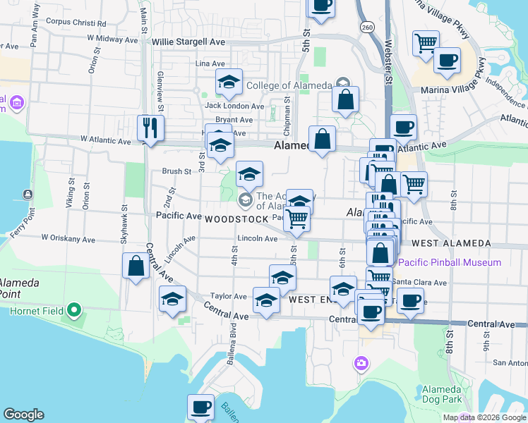 map of restaurants, bars, coffee shops, grocery stores, and more near 431 Pacific Avenue in Alameda