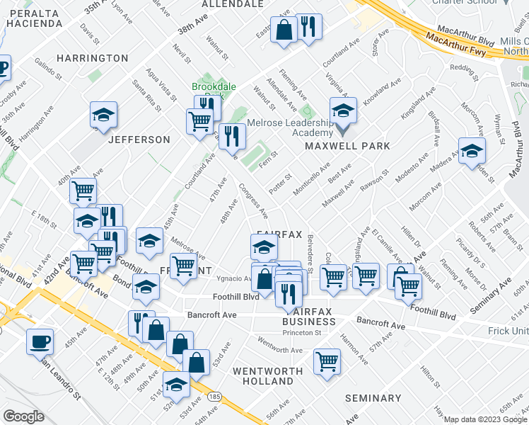 map of restaurants, bars, coffee shops, grocery stores, and more near 2349 Monticello Avenue in Oakland