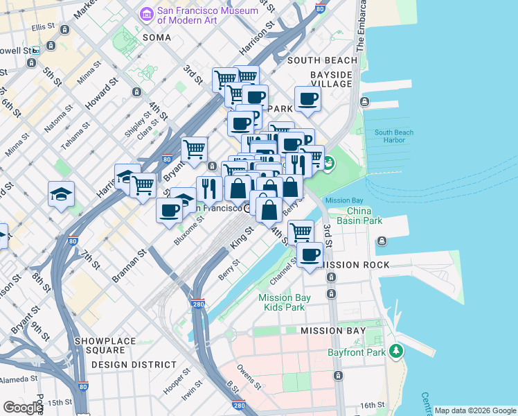 map of restaurants, bars, coffee shops, grocery stores, and more near in San Francisco