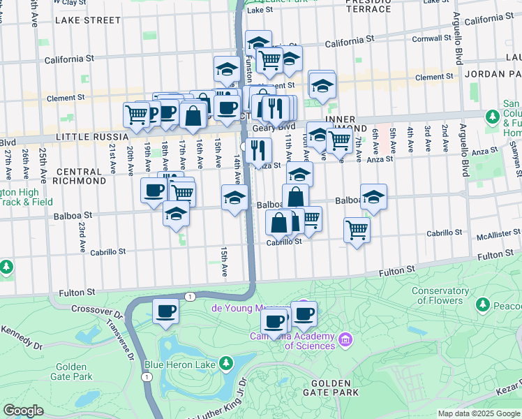 map of restaurants, bars, coffee shops, grocery stores, and more near 601-699 Park Presidio Boulevard in San Francisco