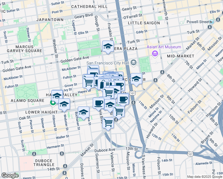 map of restaurants, bars, coffee shops, grocery stores, and more near 280 Fell Street in San Francisco