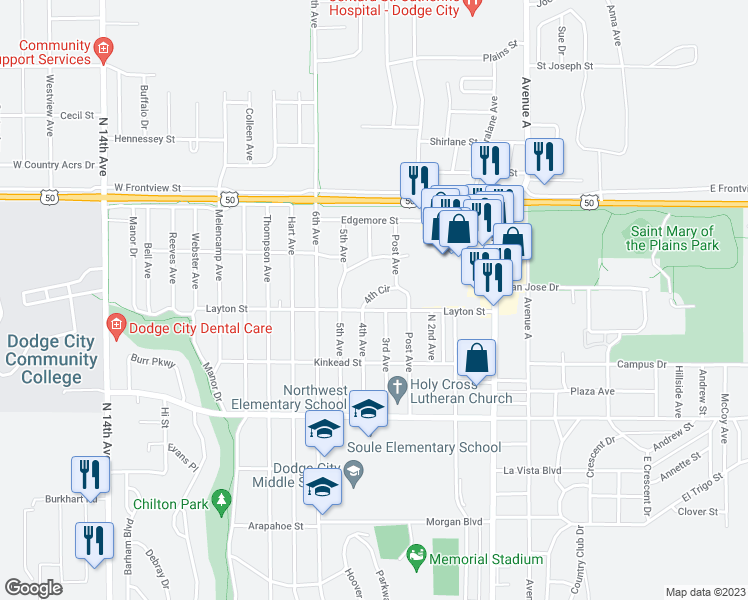 map of restaurants, bars, coffee shops, grocery stores, and more near 1004 4th Circle in Dodge City