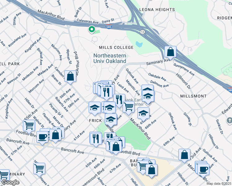 map of restaurants, bars, coffee shops, grocery stores, and more near 6015 Mauritania Avenue in Oakland