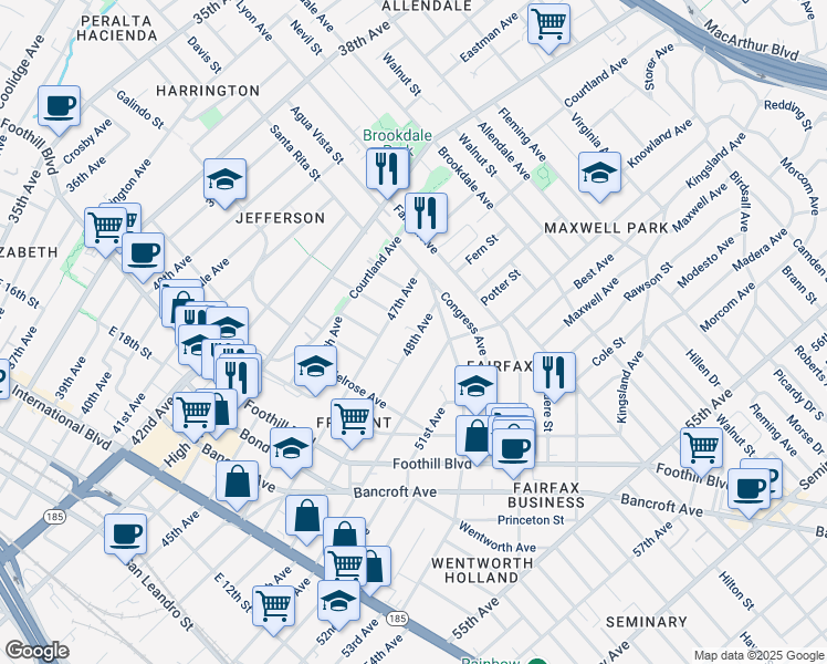 map of restaurants, bars, coffee shops, grocery stores, and more near 2180 48th Avenue in Oakland