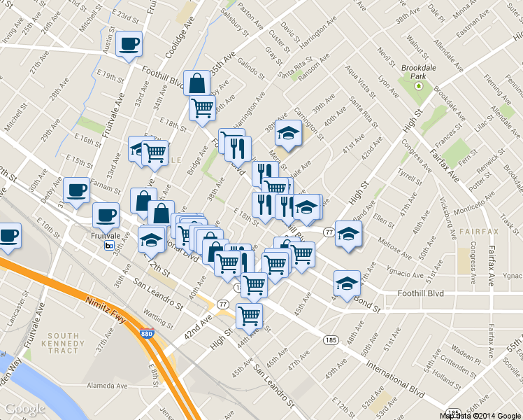 map of restaurants, bars, coffee shops, grocery stores, and more near 1706 Rosedale Avenue in Oakland
