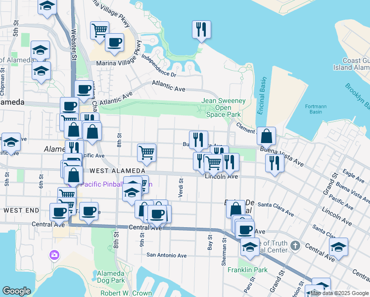 map of restaurants, bars, coffee shops, grocery stores, and more near 1024 Pacific Avenue in Alameda