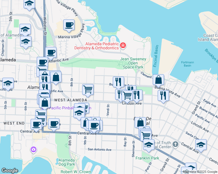 map of restaurants, bars, coffee shops, grocery stores, and more near 1024 Pacific Avenue in Alameda
