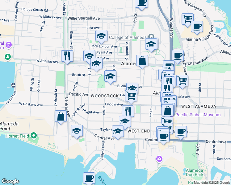 map of restaurants, bars, coffee shops, grocery stores, and more near 426 Marshall Way in Alameda