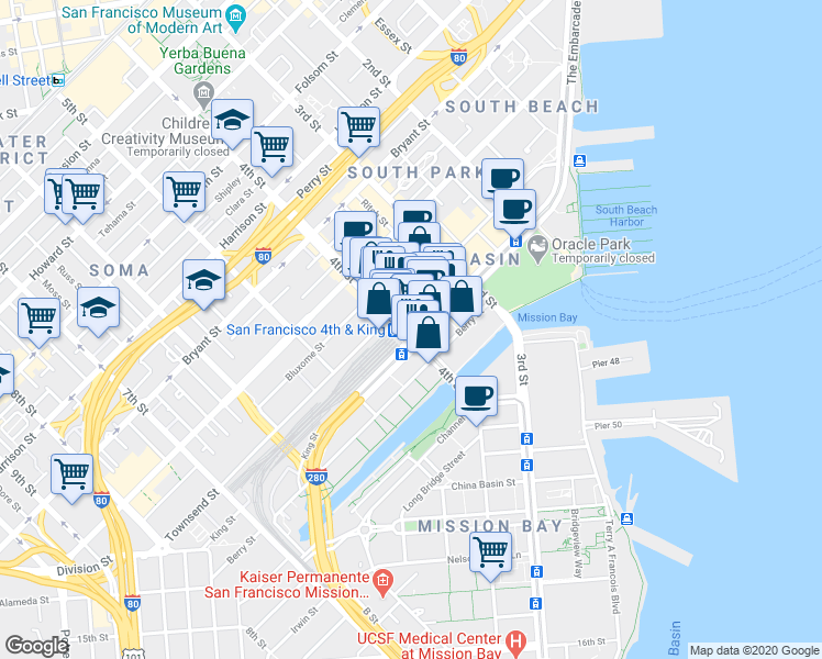 map of restaurants, bars, coffee shops, grocery stores, and more near 301 King Street in San Francisco
