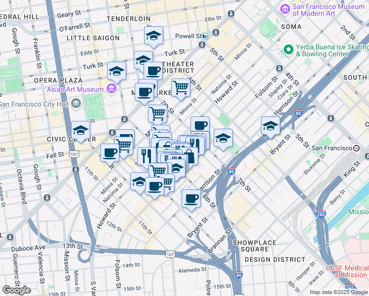 map of restaurants, bars, coffee shops, grocery stores, and more near 58 Sumner Street in San Francisco