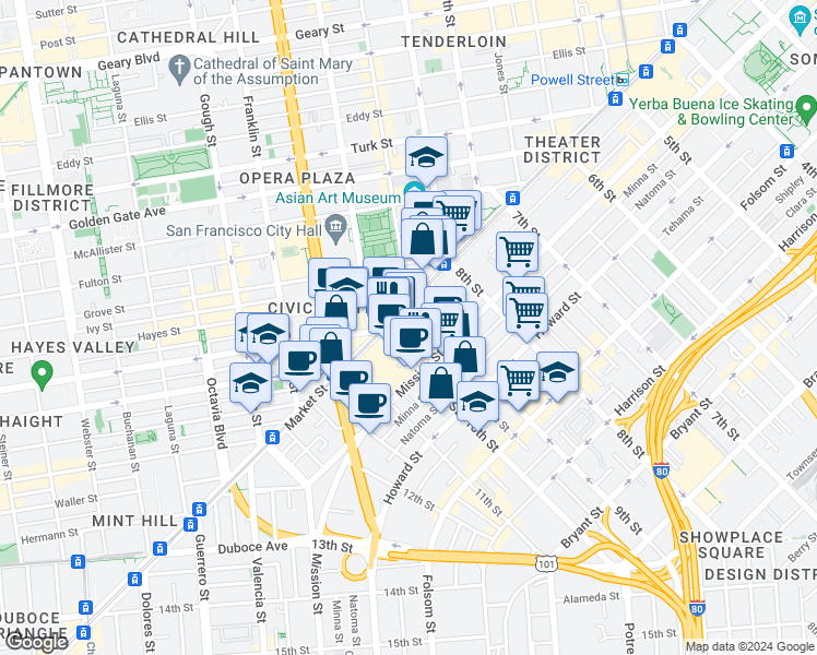 map of restaurants, bars, coffee shops, grocery stores, and more near 1 10th Street in San Francisco