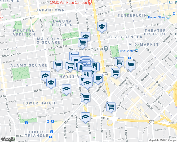 map of restaurants, bars, coffee shops, grocery stores, and more near 280 Fell Street in San Francisco
