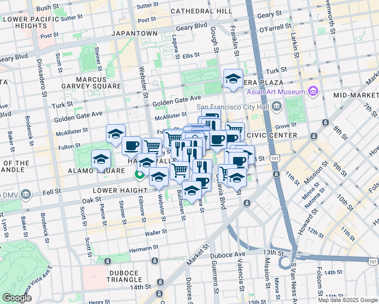 map of restaurants, bars, coffee shops, grocery stores, and more near 542 Linden Street in San Francisco