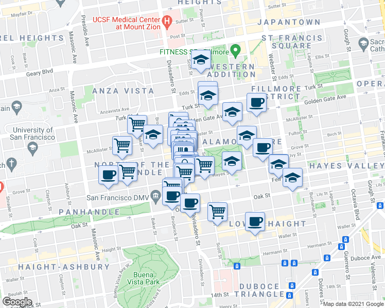 map of restaurants, bars, coffee shops, grocery stores, and more near 1280 Grove Street in San Francisco
