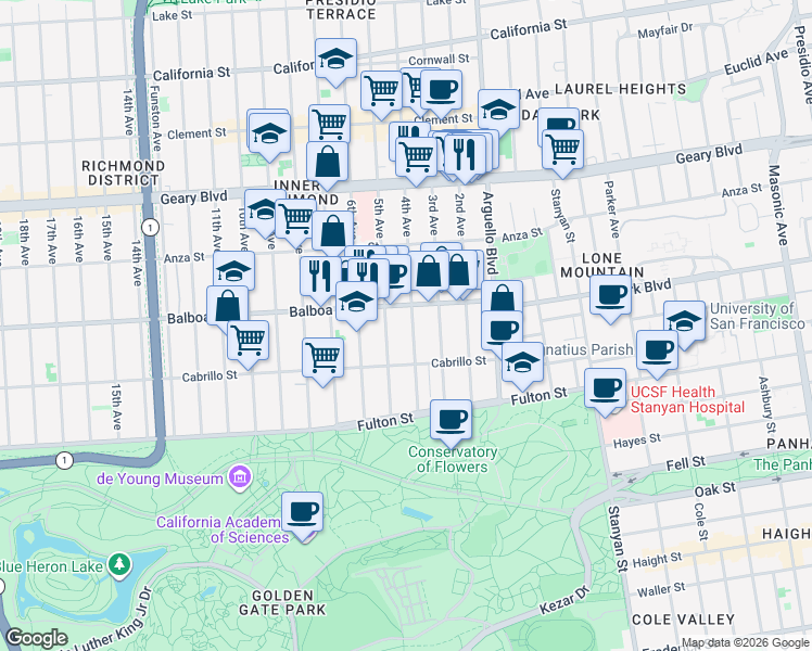map of restaurants, bars, coffee shops, grocery stores, and more near 674 4th Avenue in San Francisco