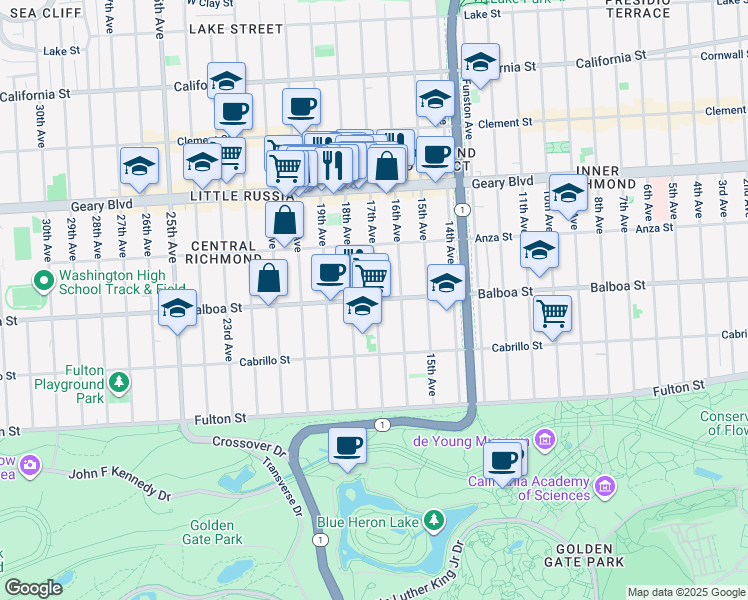 map of restaurants, bars, coffee shops, grocery stores, and more near 634 18th Avenue in San Francisco