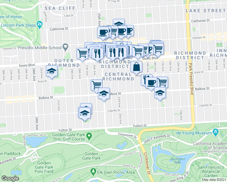 map of restaurants, bars, coffee shops, grocery stores, and more near 619 23rd Avenue in San Francisco