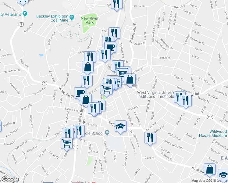 map of restaurants, bars, coffee shops, grocery stores, and more near 400 Neville Street in Beckley