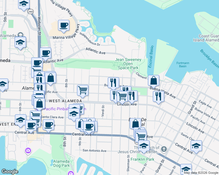 map of restaurants, bars, coffee shops, grocery stores, and more near 1723 Saint Charles Street in Alameda